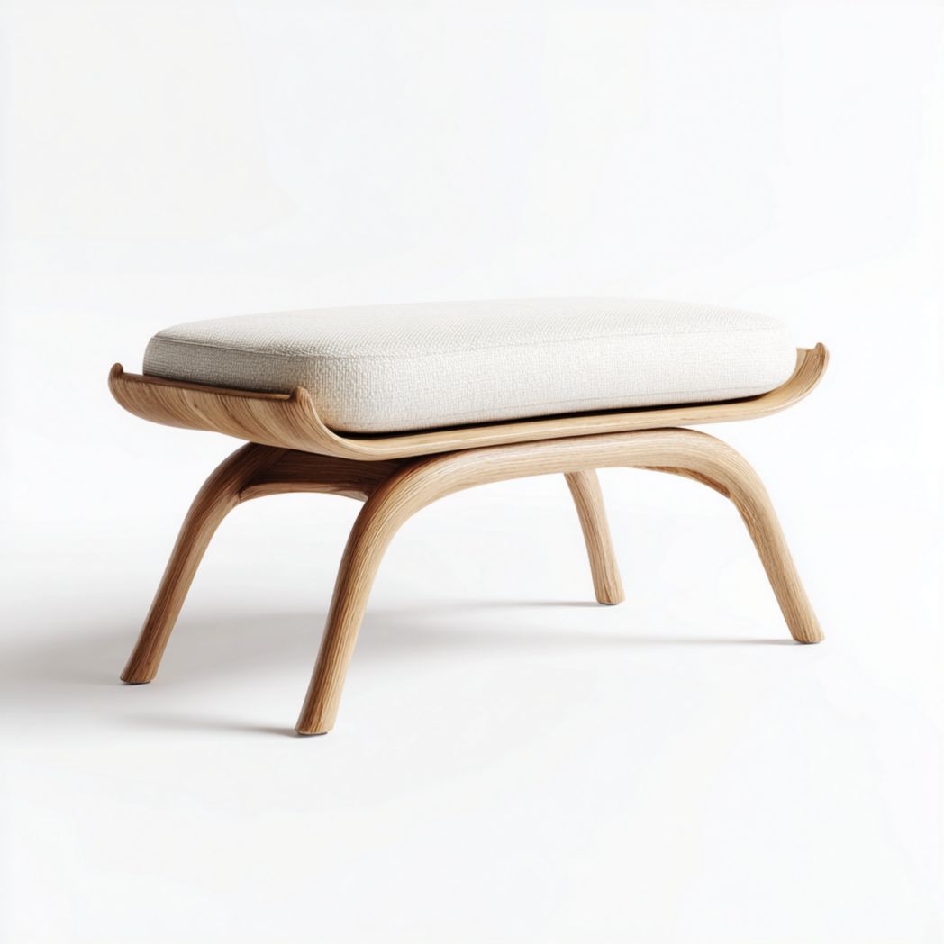 Banc en bois courbé avec assise rembourrée blanche