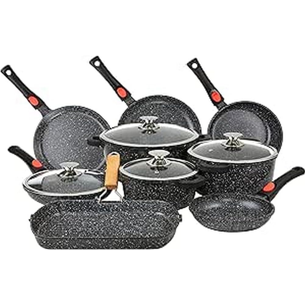 Kamberg - Set Lot Batterie de cuisine 24 pièces - Fonte d'aluminium - Revêtement pierre - Manche Amovible - Tous Feux dont Induction - Sans PFOA - 0008163, Noir : Cuisine et Maison