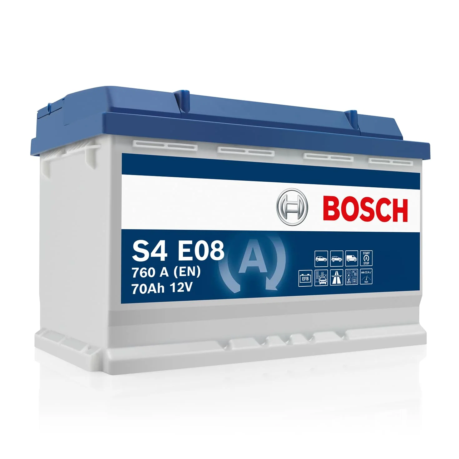 Bosch S4 E08 Batterie Auto 70 A/h - 760 A - Batterie 12 V, EFB Plomb-acide pour Véhicules avec Système Start/Stop, Polarité Gauche (-) Droite (+), 278 x 175 x 190 mm