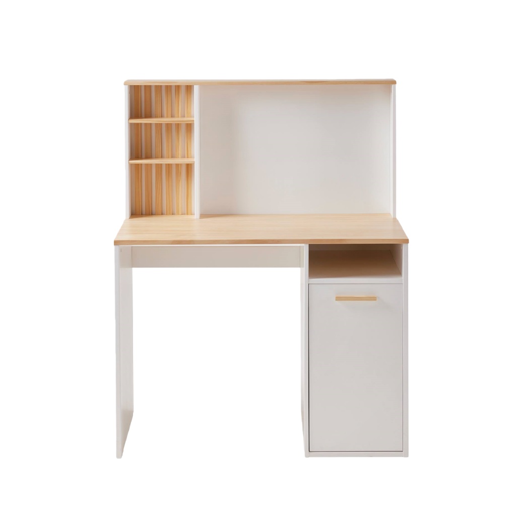 Bureau blanc et bois avec étagères et armoire intégrée — Design nordique