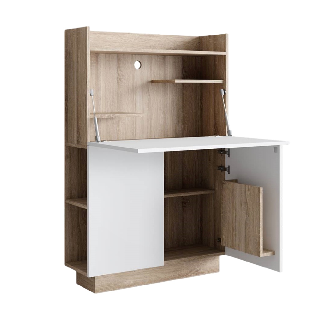 Bureau mural pliable avec rangements – chêne clair et blanc