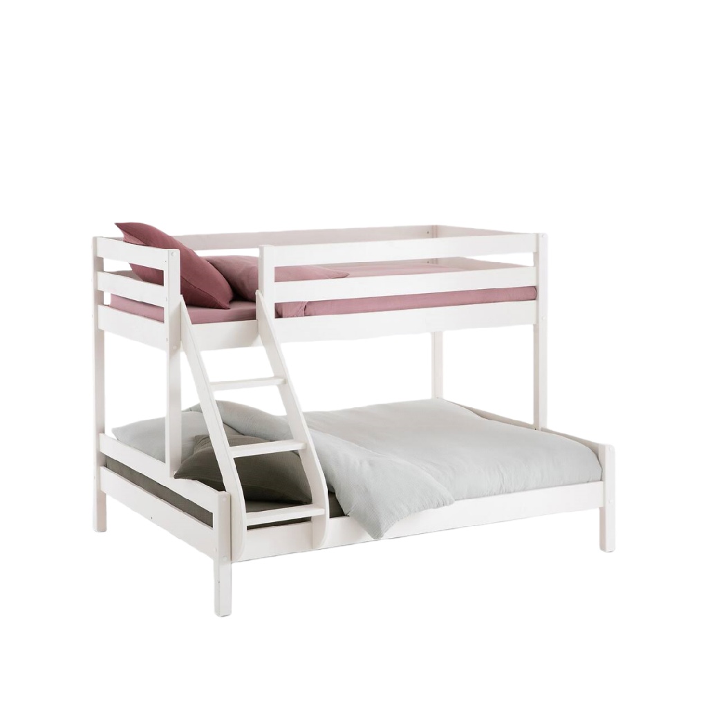 Lit superposé double — Structure en bois blanc — Lit 1 place + 2 places