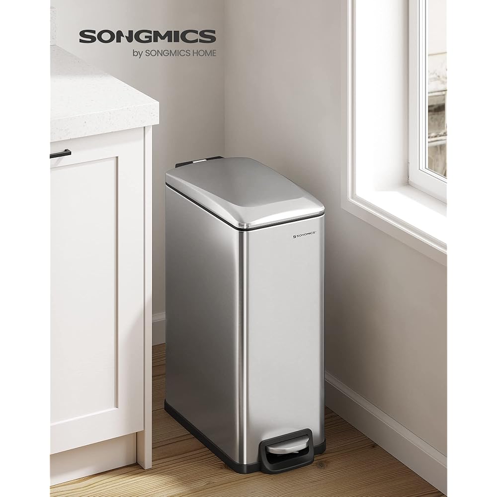 SONGMICS Poubelle de Cuisine 48L, Poubelle à Pédale, Fine, pour Petits Espaces, Couvercle à Fermeture en Douceur, avec Seau Intérieur, en Acier Inoxydable, 15 Sacs Poubelle Inclus, Argent LTB510E48 : Cuisine et Maison