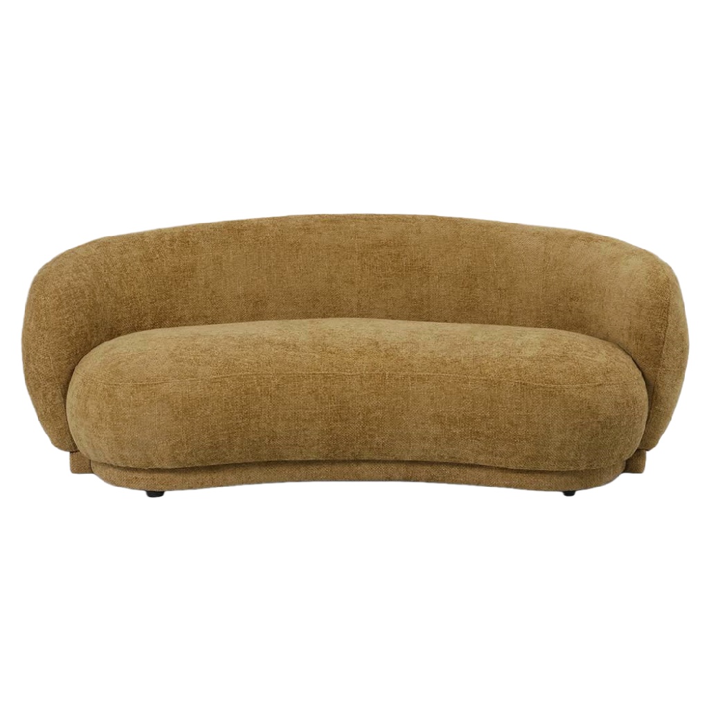 Canapé arrondi en tissu bouclé caramel – design rétro et contemporain – 3 places – confort haut de gamme