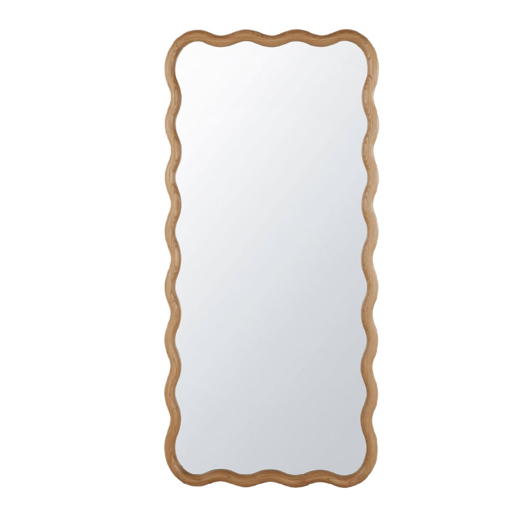 Grand miroir mural ondulé en bois naturel, design moderne et artisanal, 160 × 70 cm