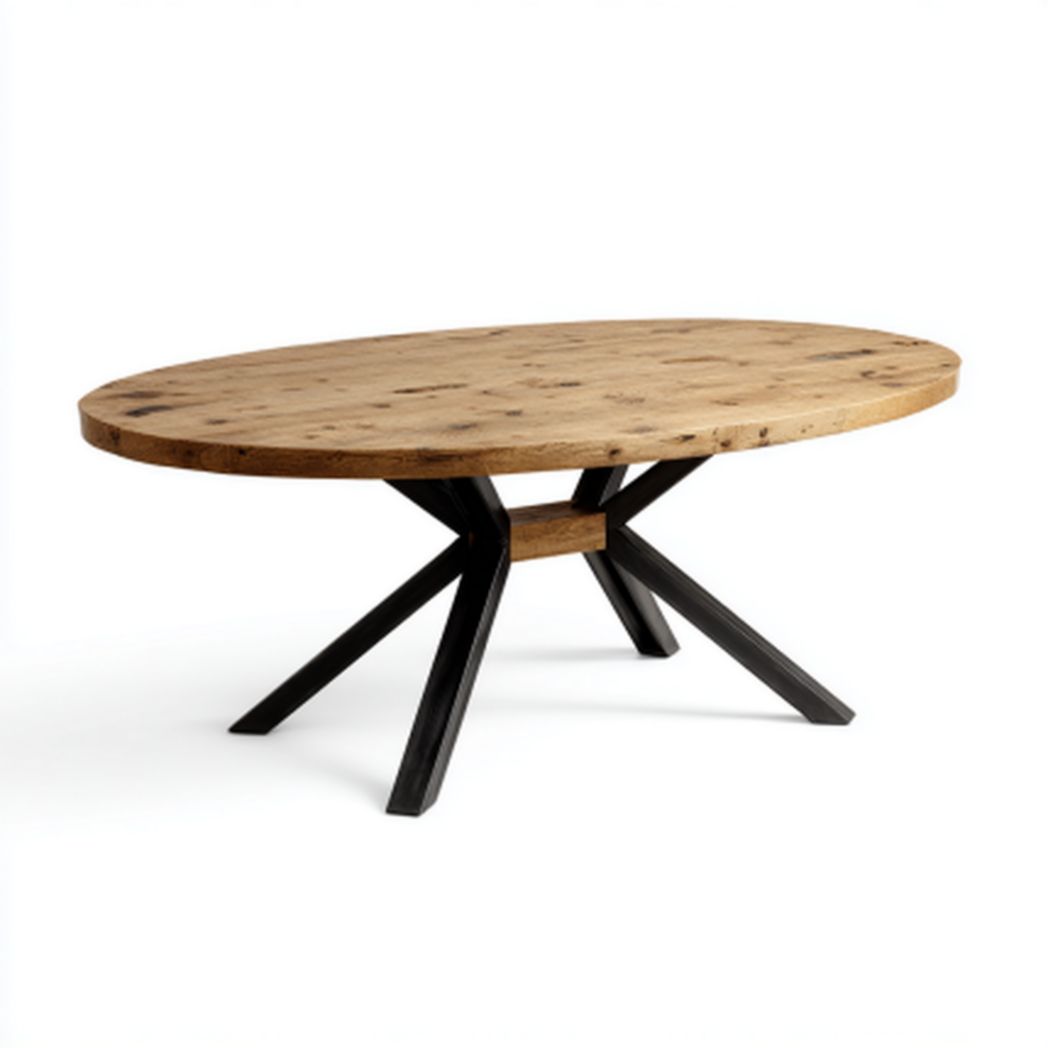 Table à manger rustique en bois massif avec pieds en métal noir