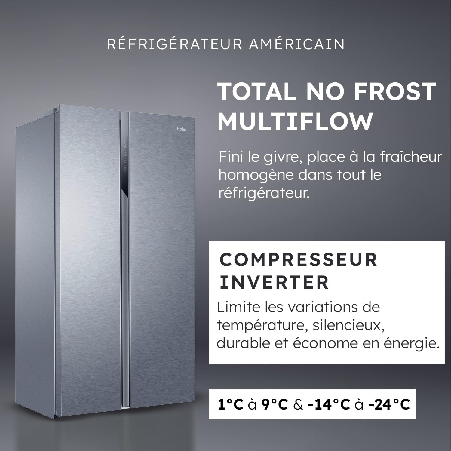 Haier - Réfrigérateur Américain - 2 Portes - Classe Énergétique E - Technologie Total No Frost Multi Air Flow - Inox - 337L + 191L (Congélateur) - 177