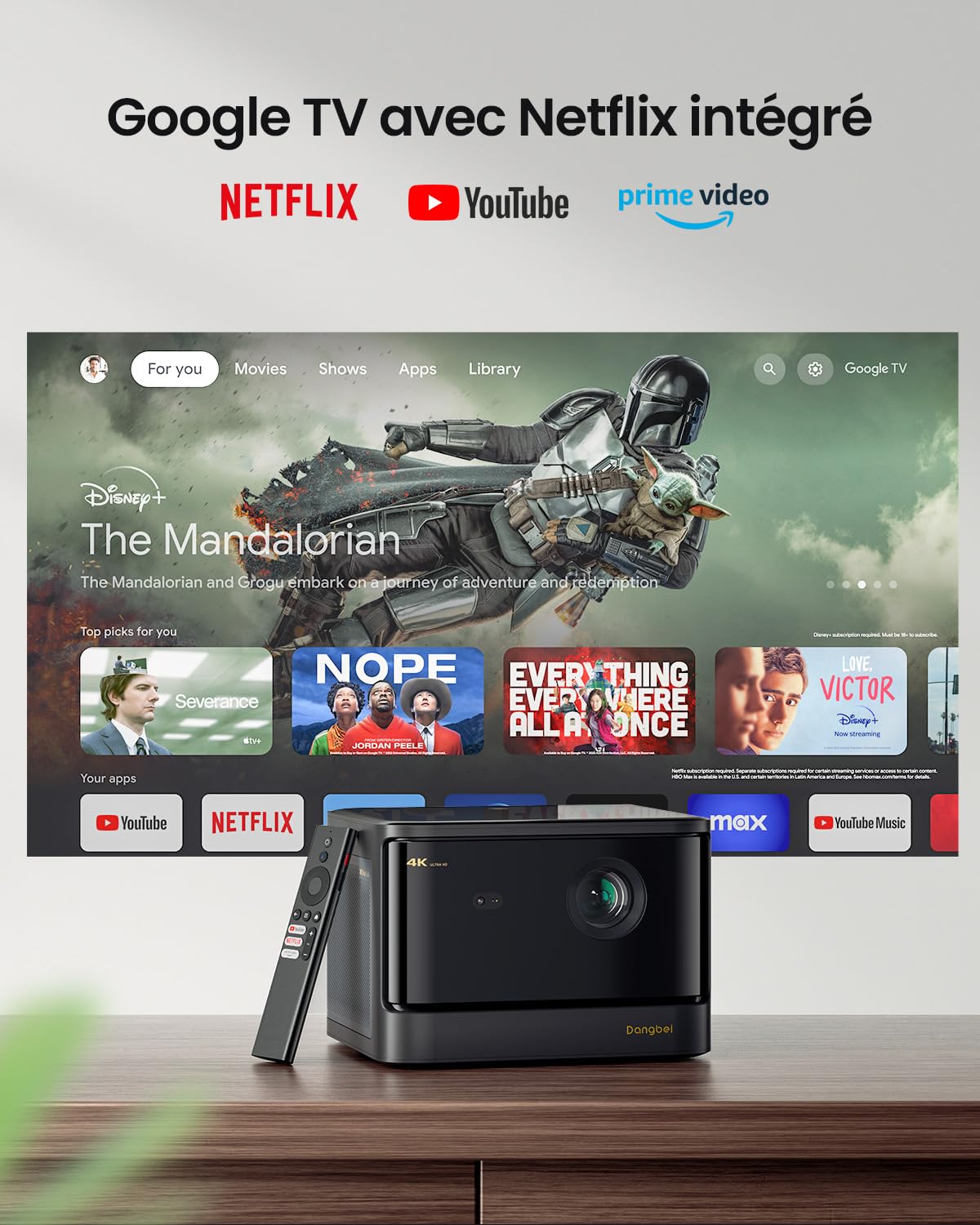 4K Vidéoprojecteur & Blu-Ray 3D, 2450 ISO Lumens, Dangbei Vidéoprojecteur avec GTV/Netflix, Home cinéma, 2x12W Haut-Parleur, HDR10+, WiFi 6 Bluetooth,