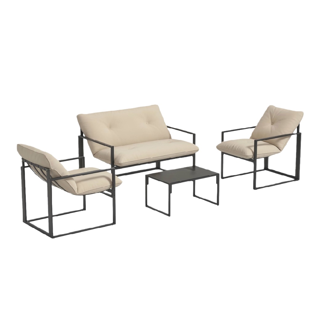 Salon de jardin 4 pièces en métal noir avec coussins beige, canapé + 2 fauteuils + table basse