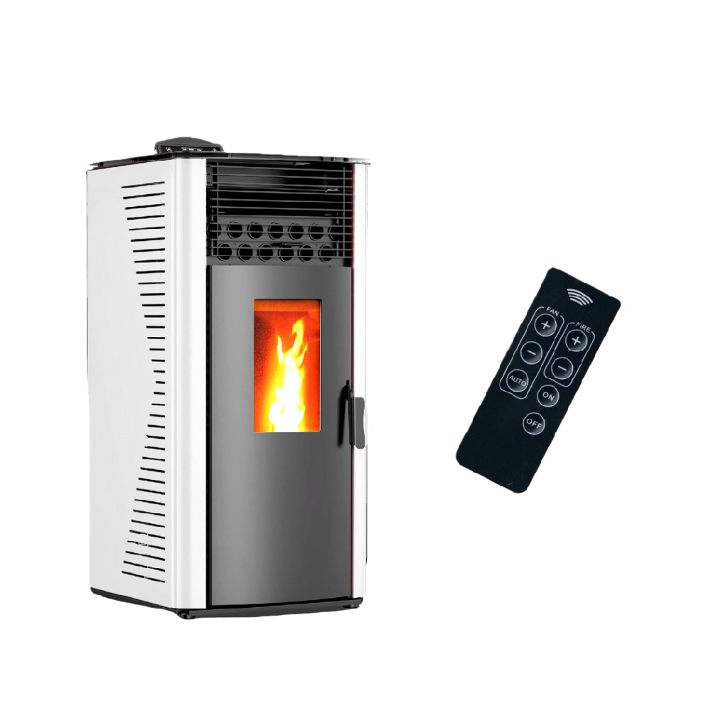 Poêle à Granulés de Bois avec Télécommande – Chauffage Programmable 9 kW – Design Moderne Blanc et Gris
