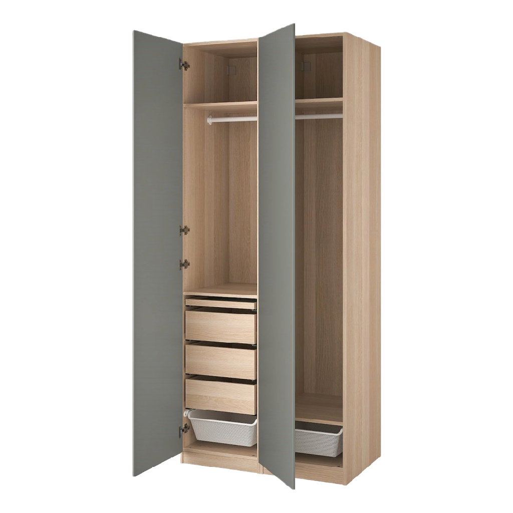 Armoire en chêne clair et gris à 2 portes avec tiroirs et penderie 100×58×200 cm