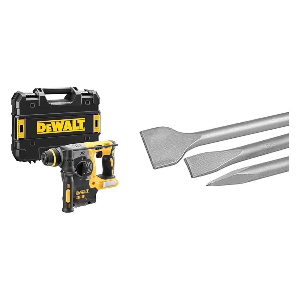 DEWALT - Perforateur SDS-PLUS Brushless 2J XR 18V - Cap. de perçage max. béton/métal/bois 24/13/26mm - Vitesse 0-1100tr/min & Jeu de 3 Burins SDS-PLUS - 2 Burins Plats et 1 Burins Pointu - 25 cm : Bricolage