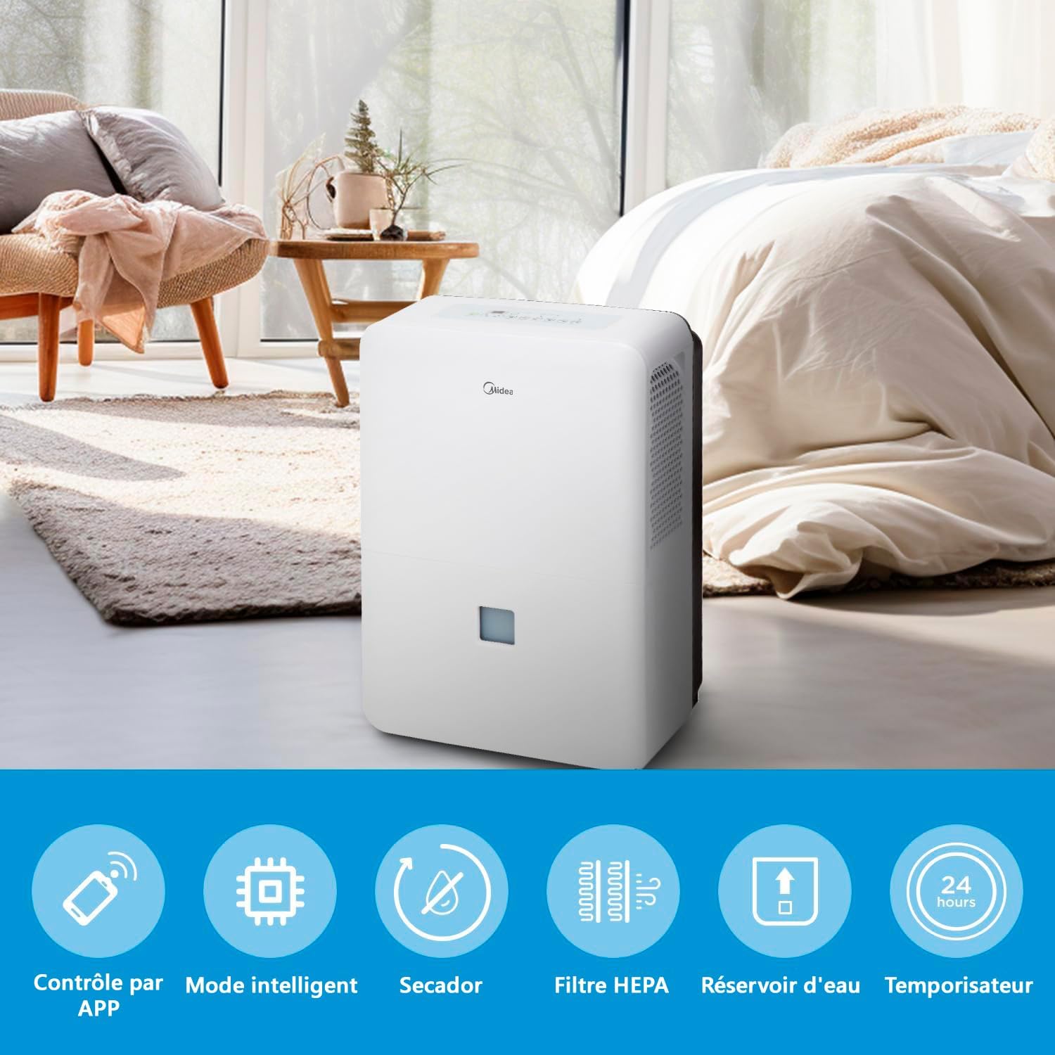 MIDEA Déshumidificateur industriel grande capacité 50 l pour humidité intérieure jusqu'à 112 m² / 300 m3 - Déshumidificateur d'humidité grands espaces avec réservoir amovible - Démufier faible