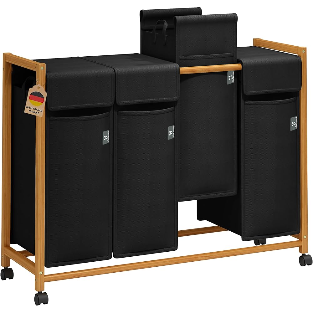 AdelDream Panier à linge trieuse de vêtements avec roulettes 3 compartiments chariot à linge avec sacs amovibles collecteur de vêtements bambou Noir 12-7 : Cuisine et Maison
