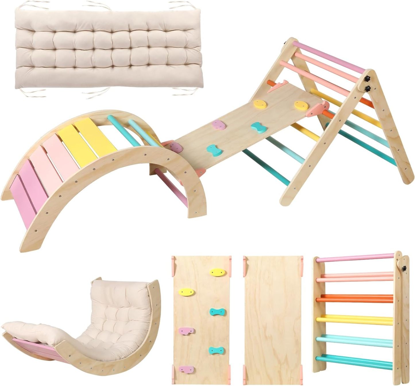 Dreieck-Set mit Kissen, 5-in-1 Montessori-Kletterset, faltbar, Kletter-Indoor-Spielplatz-Set für Kleinkinder, Holz-Kletterspielzeug mit Rampe und Kletterbogen für Kinder (Holzfarbe)