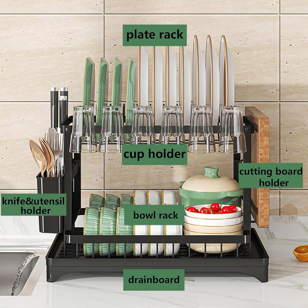 Égouttoir à vaisselle à 2 niveaux avec porte-ustensiles et porte-gobelet - Anti-rouille - Amovible - Pour comptoir de cuisine - Économie d'espace - Avec drainage automatique : Cuisine et Maison
