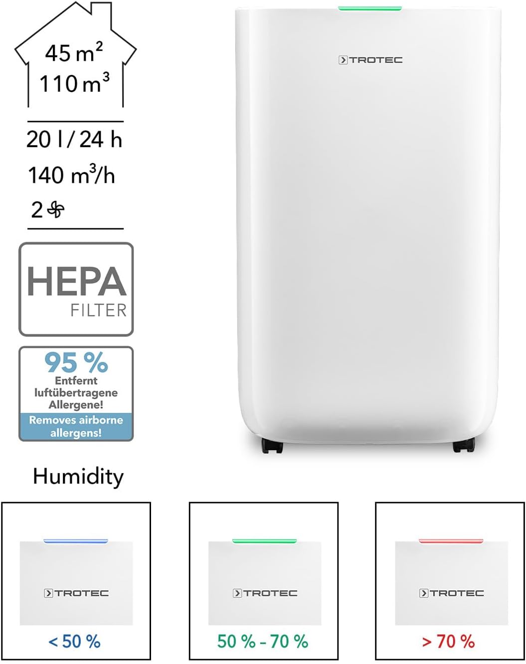 TROTEC Déshumidificateur-purificateur TTK 70 HEPA (Plus) | filtration HEPA | Pour pièces de 50 m²/125 m³ max. | Capacité de déshumidification max. de 24 litres/24 heures