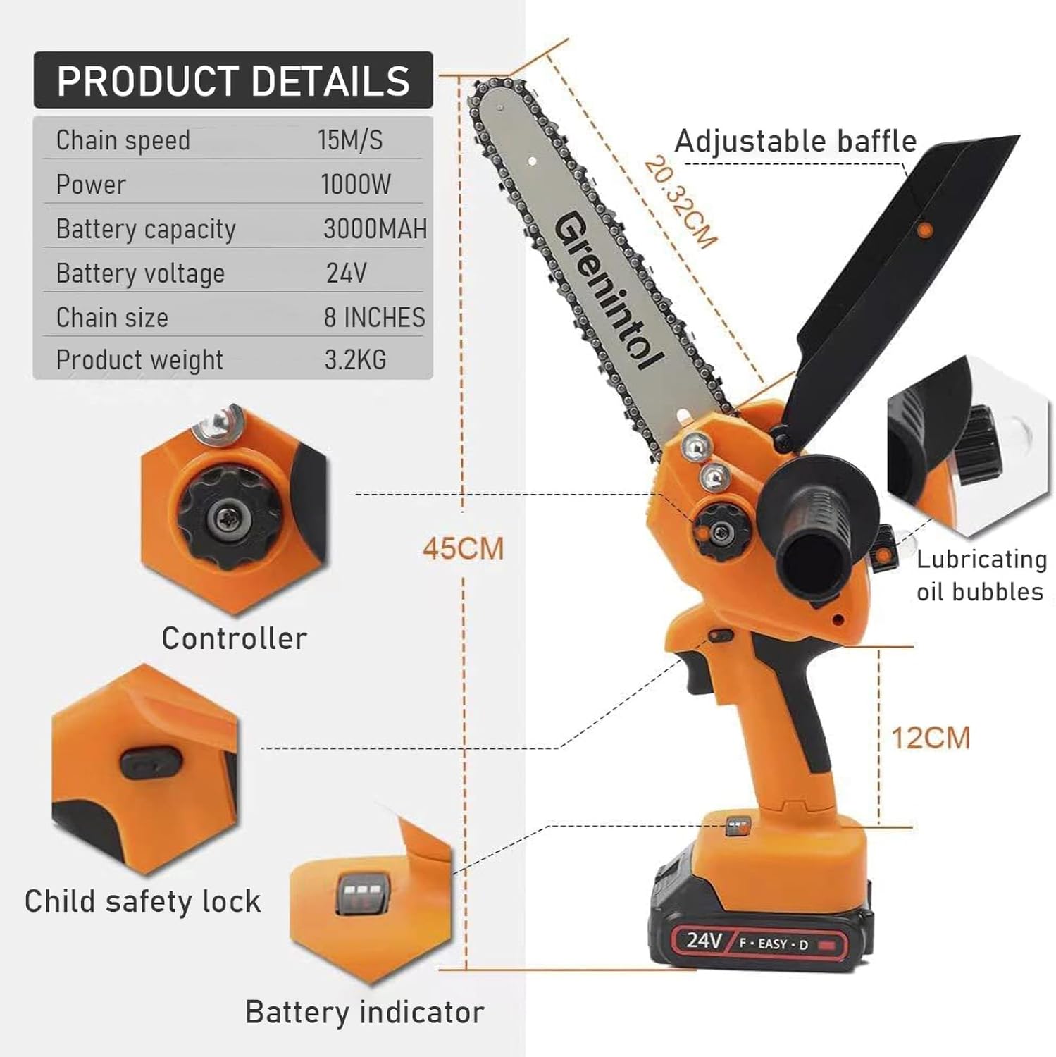 Grenintol Mini Trononneuse à Batterie, 8 Pouces Trononneuse lectrique sans Fil, 24V/1000W/6000mAh Mini Tronconneuse sans Fil avec 2 Batterie, 2 Chanes, Trononneuse lectrique pour Jardin