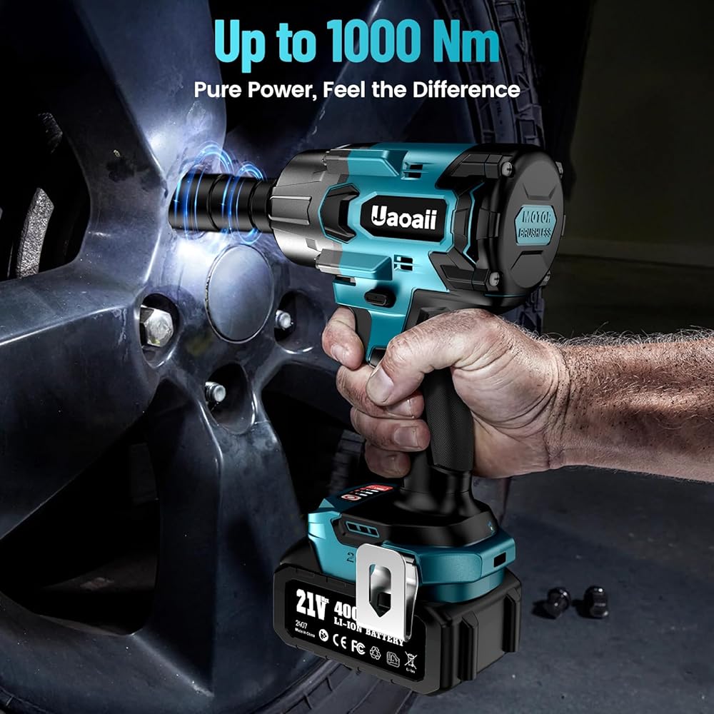 Uaoaii Clé à Chocs sans fil Brushless 1000 Nm Boulonneuse à Choc Électrique Batterie 4000mAh Adaptateur Visseuse à Chocs 5 Douilles incluses Puissance et Facilité pour Boulonner et Déboulonner : Bricolage