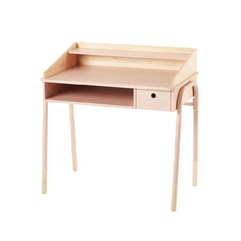 Bureau compact en bois et métal avec tiroir et étagère — Rose clair