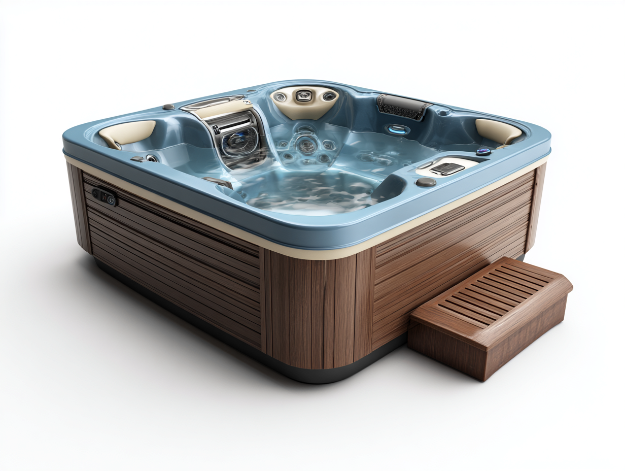 Bain à remous 4 places - acrylique 215x200x95 cm - bleu/brun - design moderne