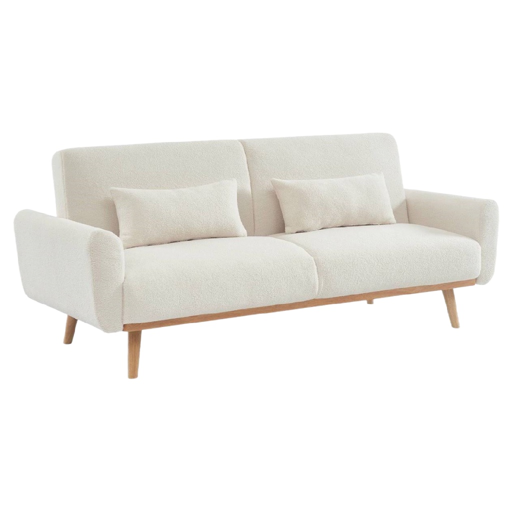 Canapé 3 places en tissu bouclette beige avec pieds en bois