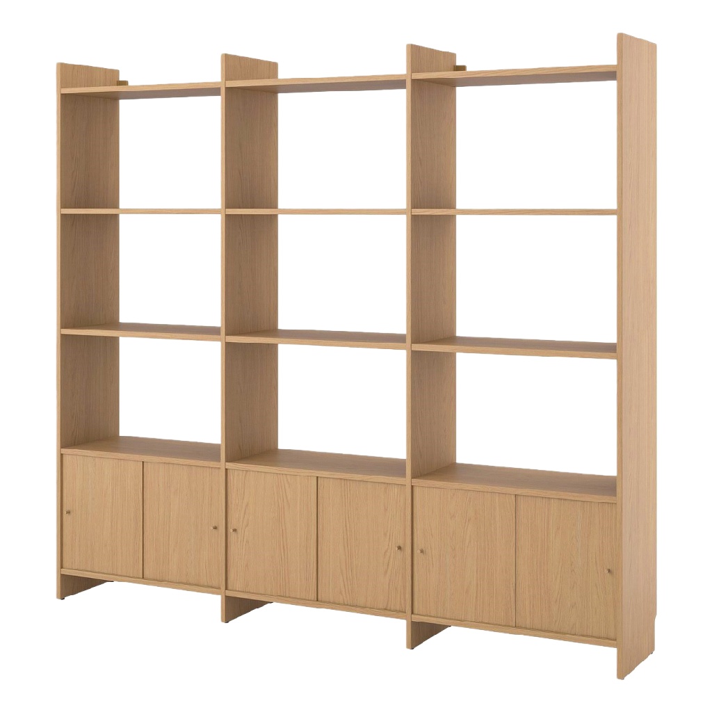 Grande bibliothèque en bois clair avec rangements fermés – 180 x 35 x 200 cm