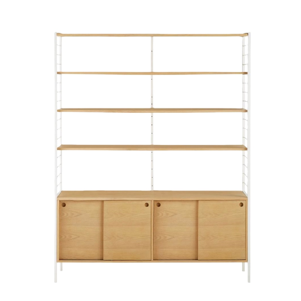 Bibliothèque scandinave bois clair et métal blanc – étagère design avec portes coulissantes – meuble de rangement moderne