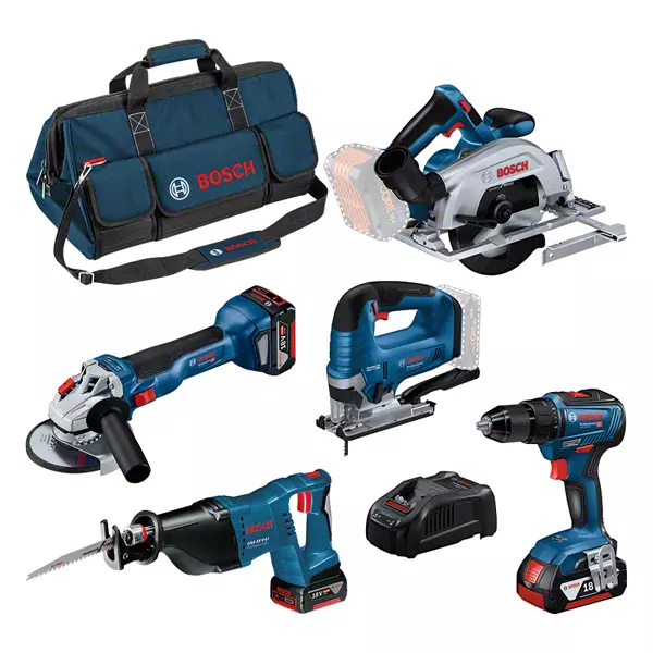 BOSCH COMBI-KIT 5 18V TOOLS: GSR 18V-55 + GWS 18V-10 + GKS 18V-57-2 + GSA 18V-LI + GST 18V-125 B + 3 4.0 AH BATTERIES + GAL 1880CV + BAG L (C) PROFESSIONAL