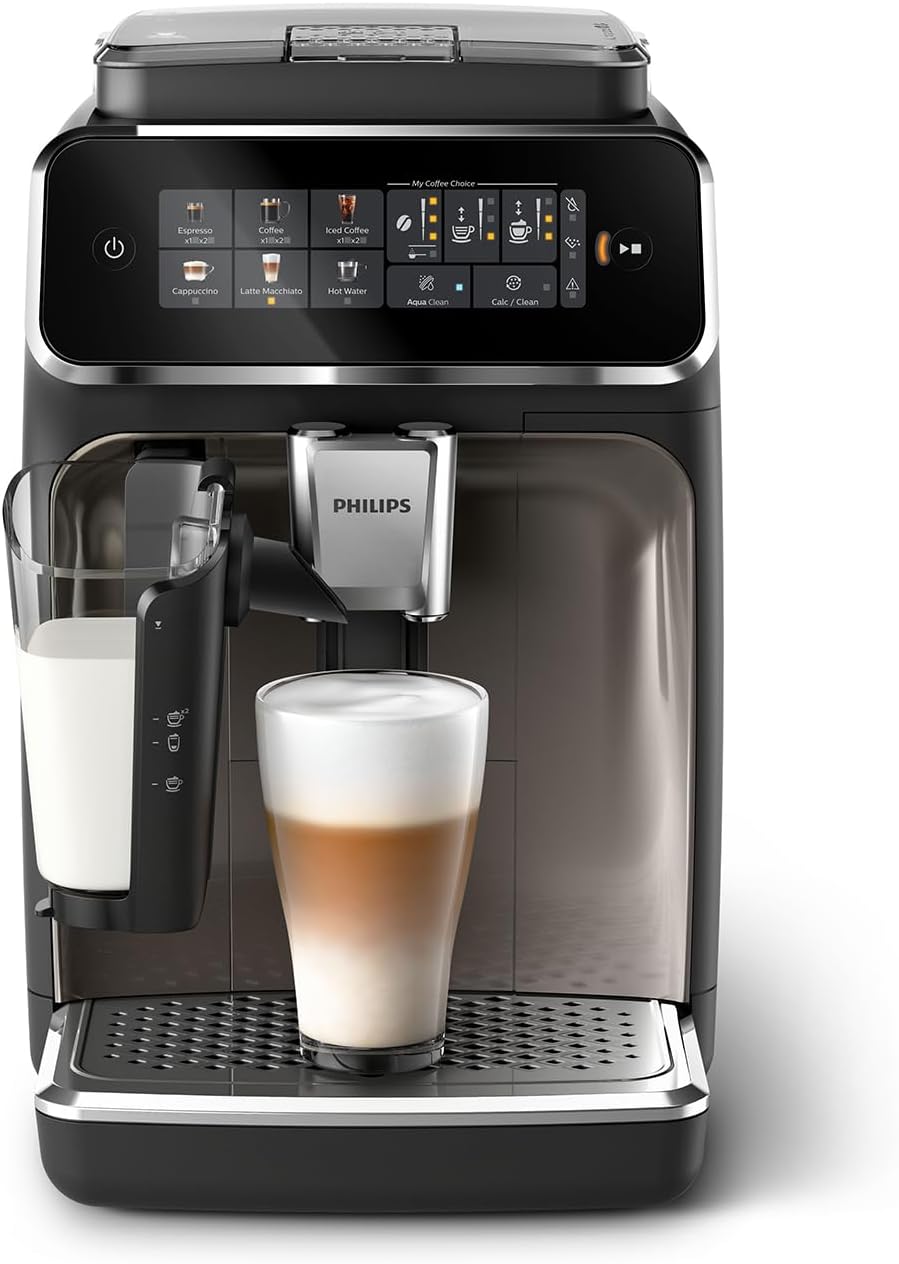 Philips Machine à Expresso Entièrement Automatique Séries 3300-6 Boissons,Écran tactile couleur moderne,Système à lait LatteGo,SilentBrew,Broyeur 100%Céramique,Filtre AquaClean.Noir Chrome (EP3347/90)