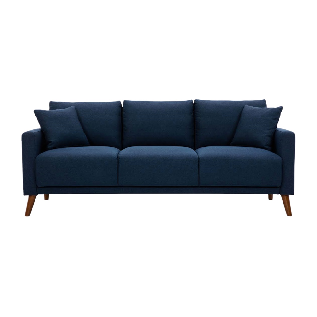 Canapé 3 places en tissu bleu marine – style scandinave moderne sur pieds en bois