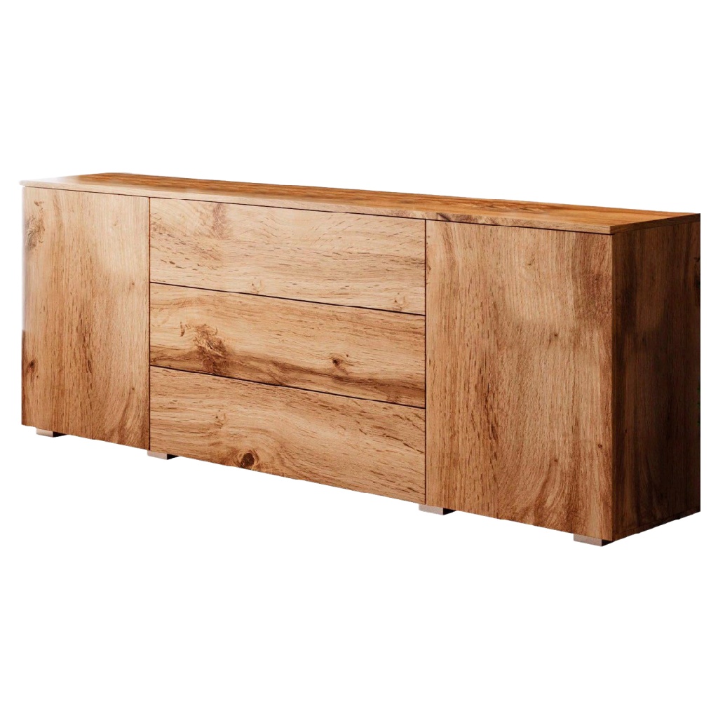 Buffet en bois effet chêne naturel – 3 tiroirs et 2 portes, style contemporain
