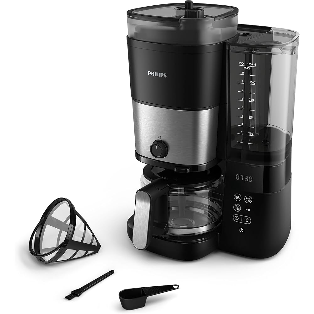 Philips Cafetière Filtre Tout-en-1 - Broyeur Conique Intégré pour des Grains Frais - Préparez dans un Pichet en Verre de 1,25 l ou Directement dans une Tasse : Cuisine et Maison