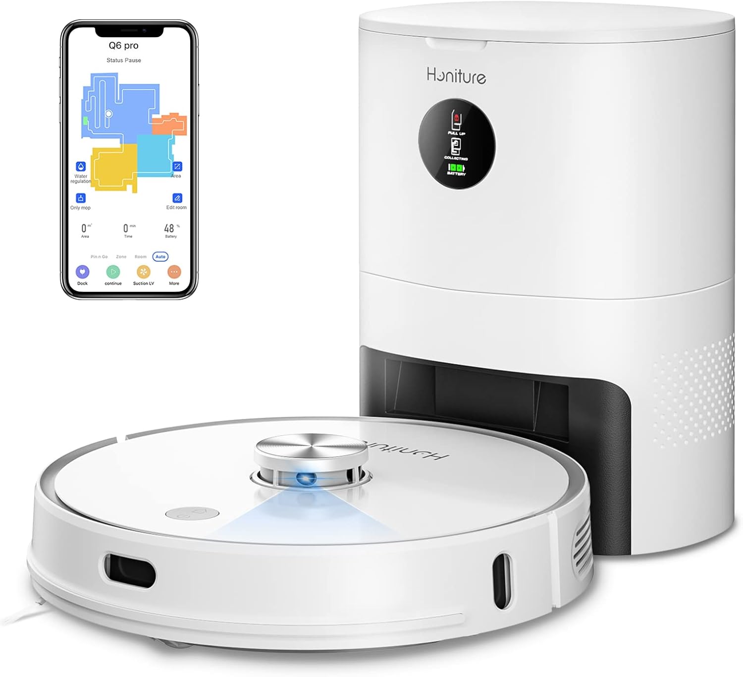 HONITURE Robot Aspirateur Laveur avec Station de Vidange, Aspirateur Robot Laser Q6 Pro, 3500pa, WiFi/APP/Alexa Contrôle, Cartographie 5-étages, Idéal pour Poils d'animaux, Tapis, Sols