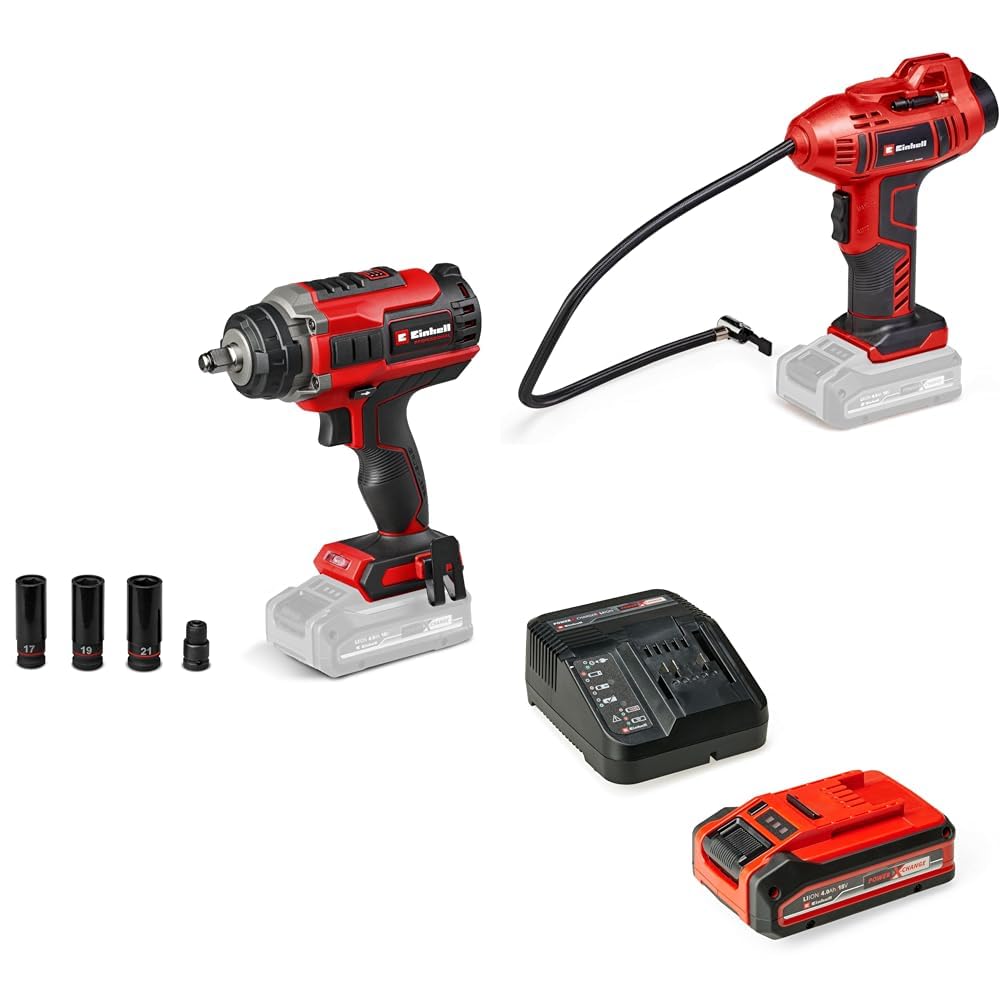 Einhell Pack 2 machines sans fil - Spécial Automobile - Power X-Change (Boulonneuse IMPAXXO 18/450, Gonfleur CE-CC 18) + Chargeur et Batterie 4,0Ah PL