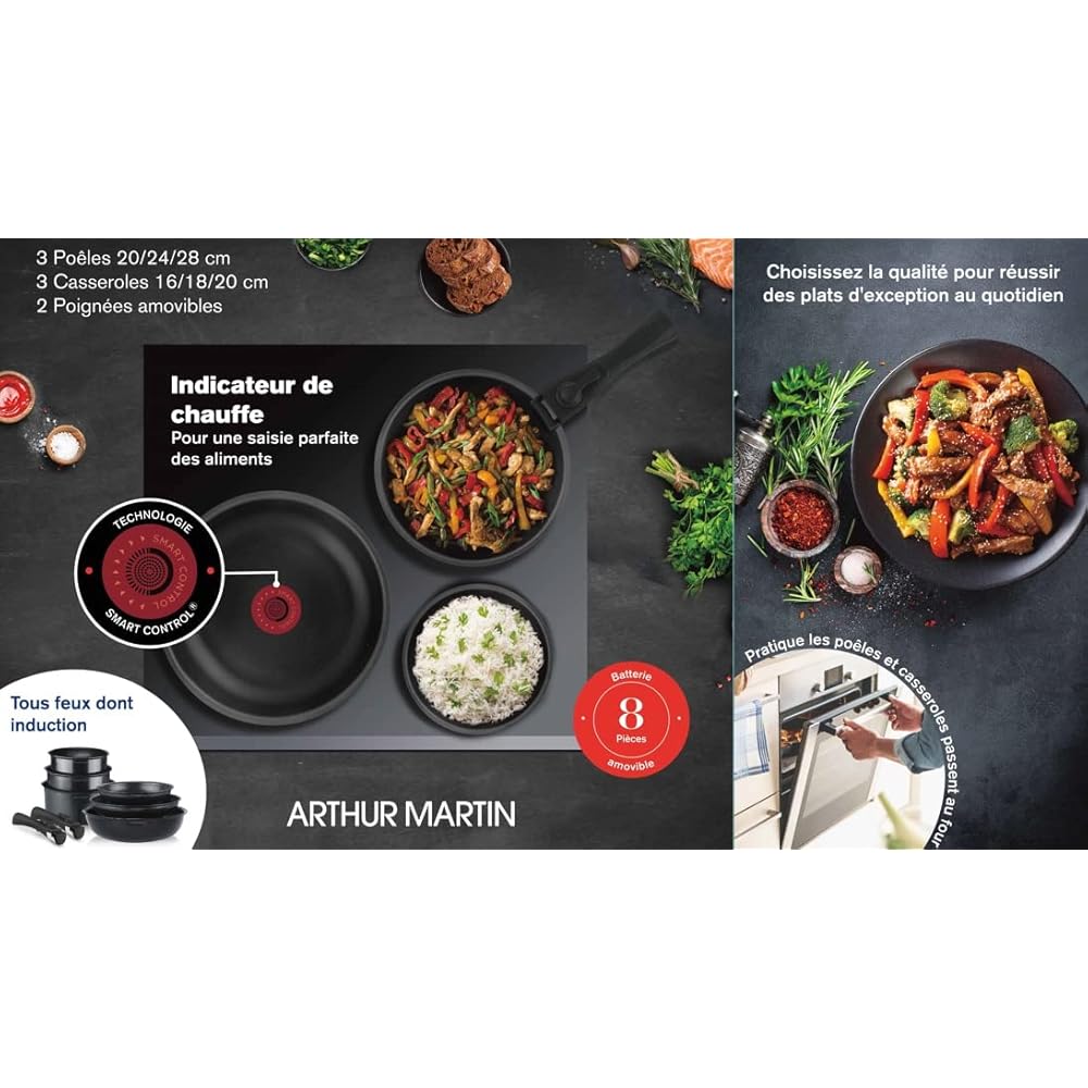 Arthur Martin AM925B Batterie de cuisine amovible 8 pièces Aluminium Smart Control Poignée amovible tous feux dont induction : Cuisine et Maison