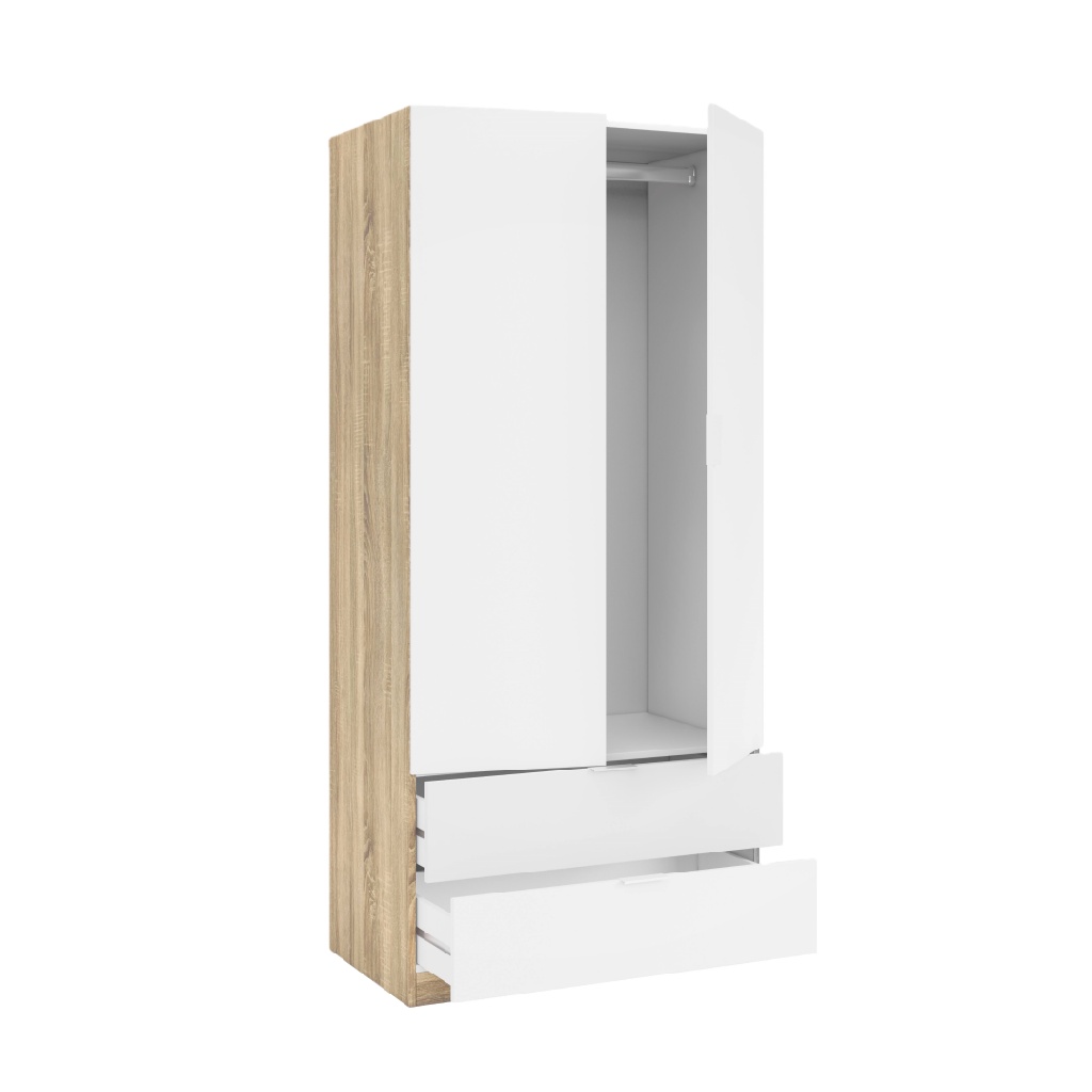 Armoire 2 portes blanche et chêne avec 2 tiroirs – design moderne fonctionnel