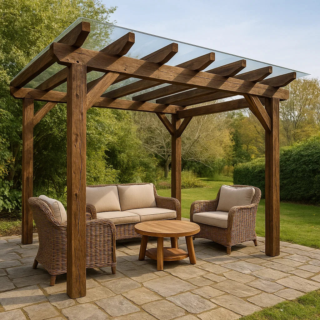 Pergola autoportante jardín marrón madera vidrio terraza 350x280x240cm