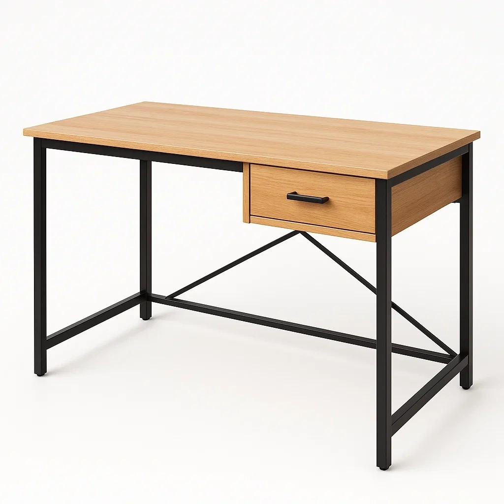Bureau rectangulaire en chêne et métal noir avec tiroir