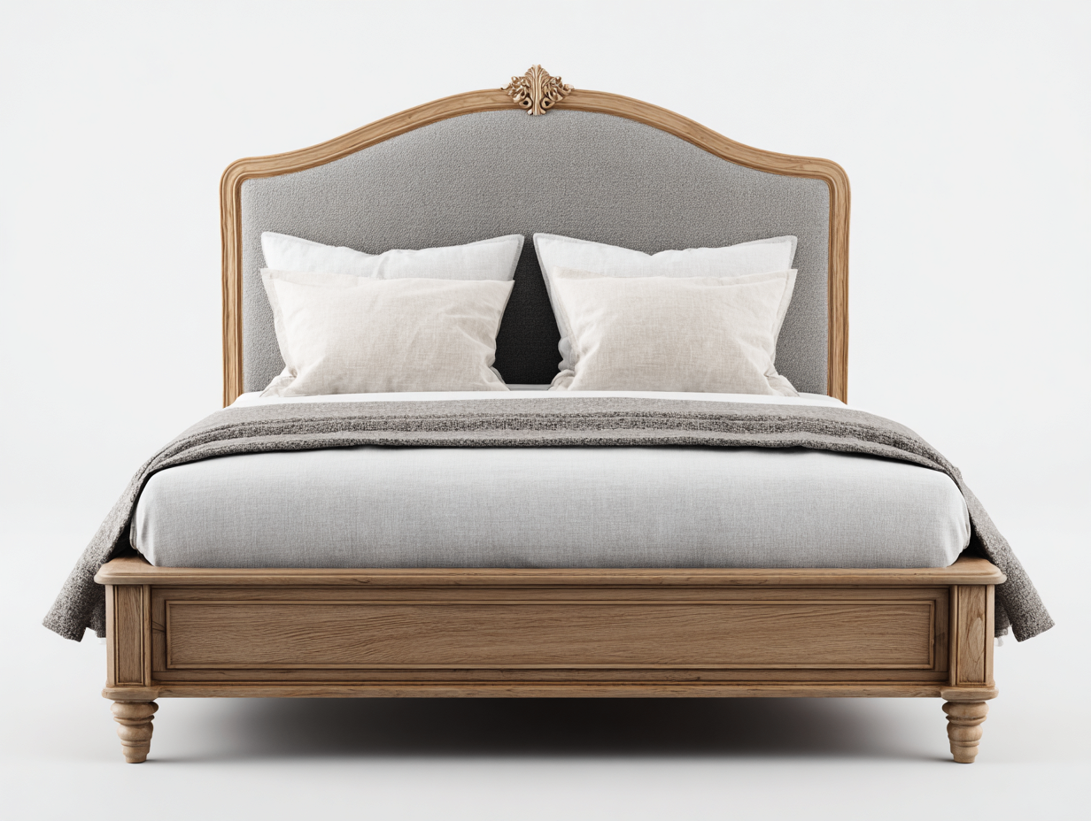 Lit double en bois et tissu 210x165x125 cm - chêne clair/gris - style classique élégant