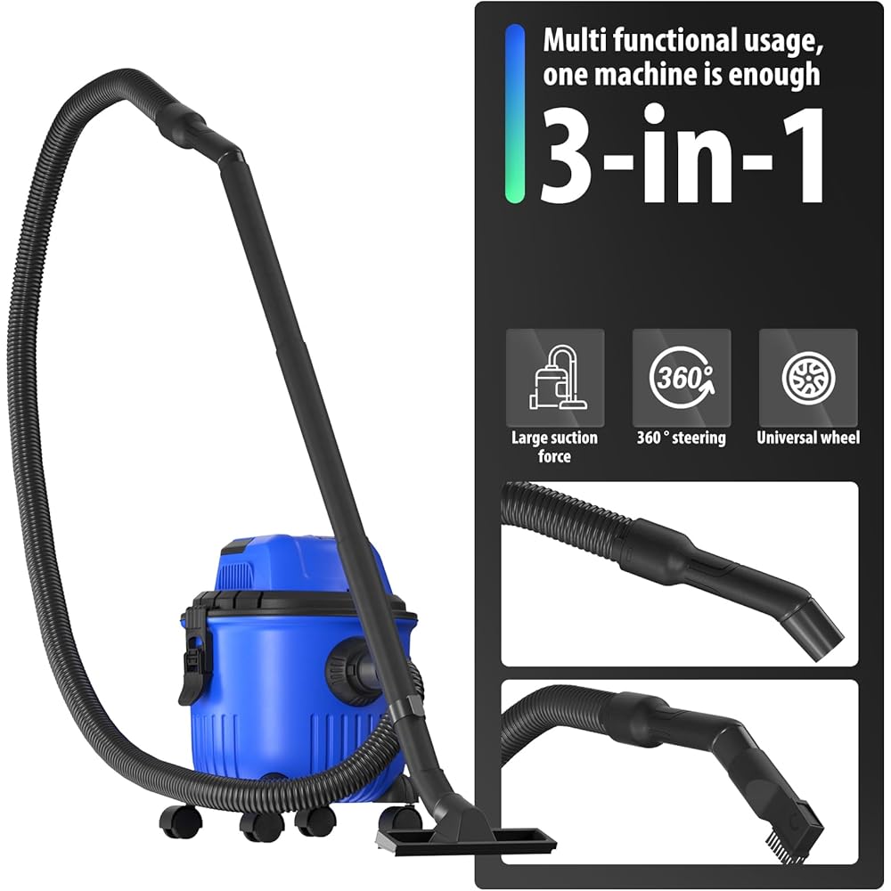 Aspirateur eau et poussière, fonction soufflerie, puissance : 2000W, bac plastique : 15L, tuyau d'aspiration : 1.5m, filtre HEPA lavable, suceur plat, pour sols durs, poils d'animaux, moquette, bleu : Cuisine et Maison