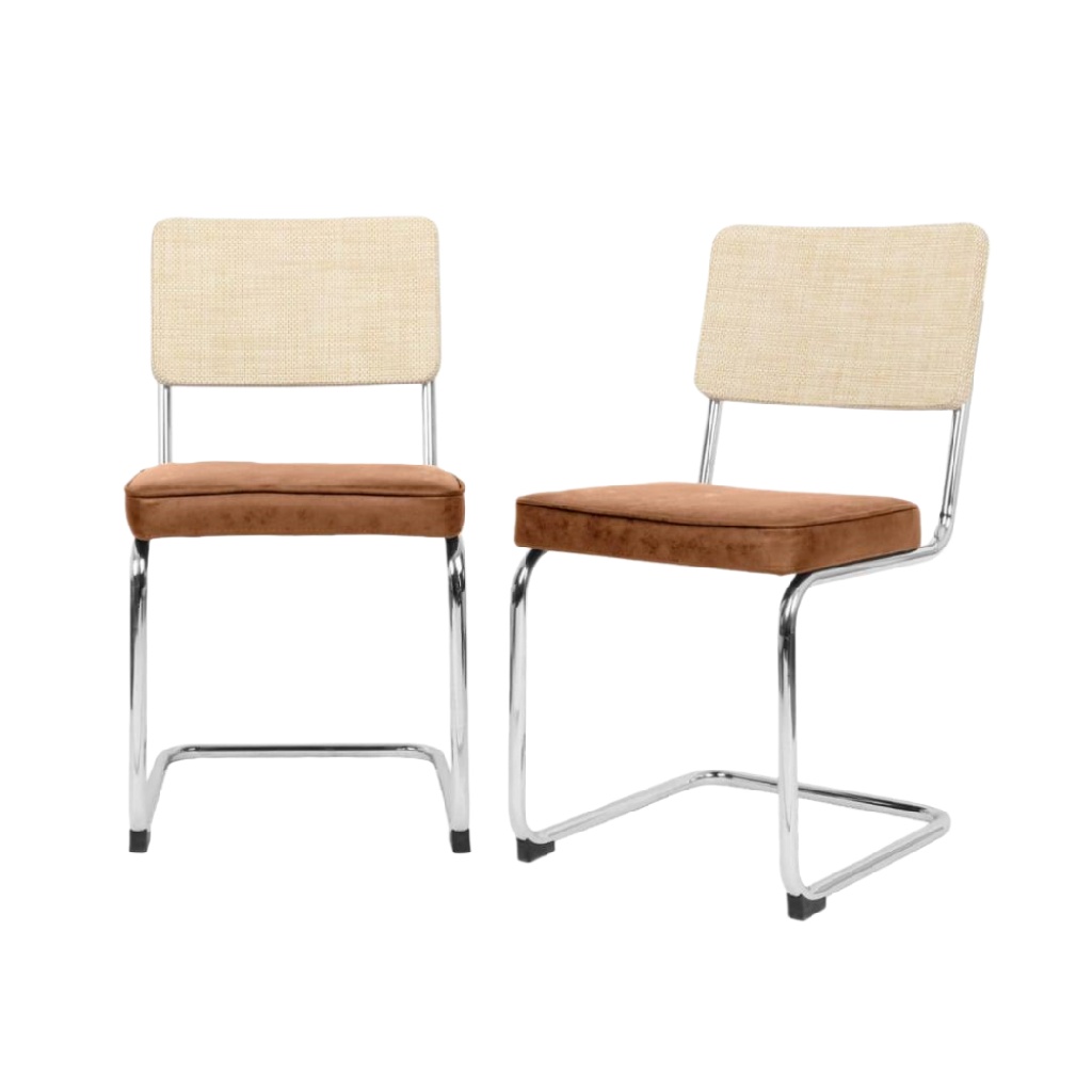 Lot de 2 chaises vintage en métal chromé avec assise en velours marron et dossier tissu beige – Design rétro confortable