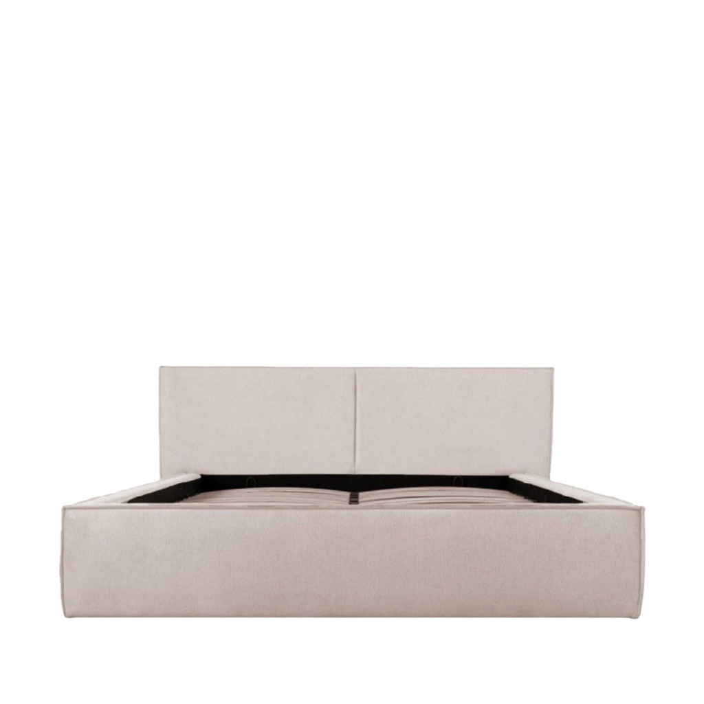 Lit moderne en tissu beige — Structure épaisse et minimaliste — Design contemporain