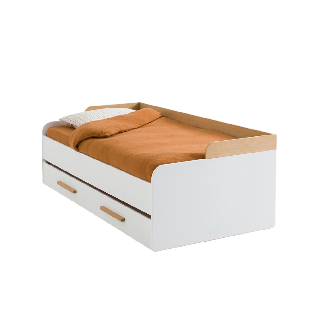 Lit simple enfant avec tiroirs — Design scandinave blanc et bois clair