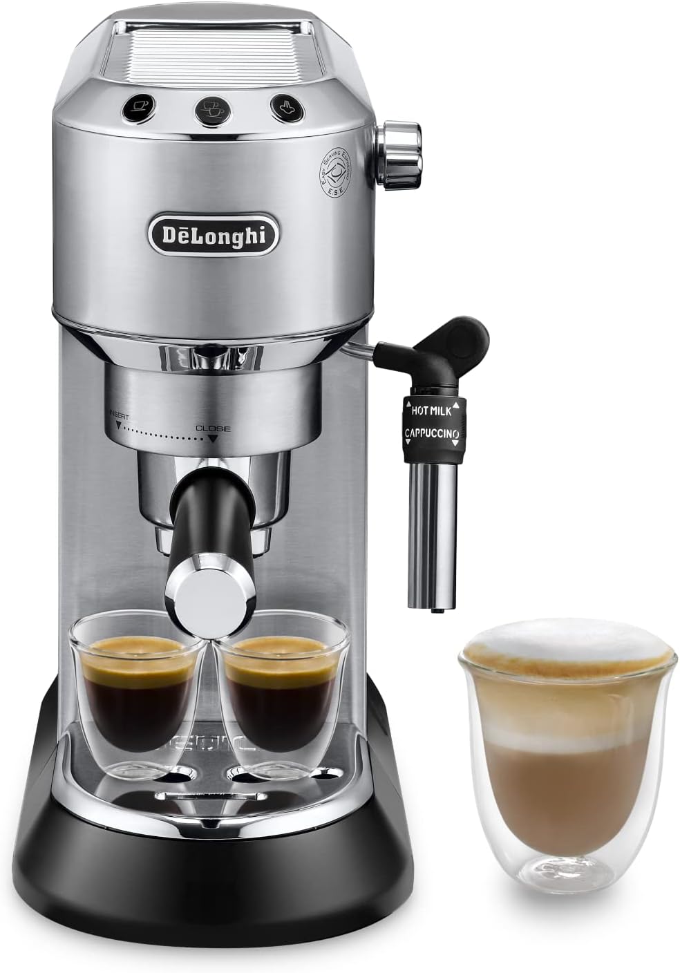 De'Longhi Dedica Style EC685.W, Machine à Café à Pompe en Acier Inoxydable Pour Café Moulu ou Dosettes, Machine à Espresso et Cappuccino, Réservoir de 1,3L, Système Anti-goutte, Blanc