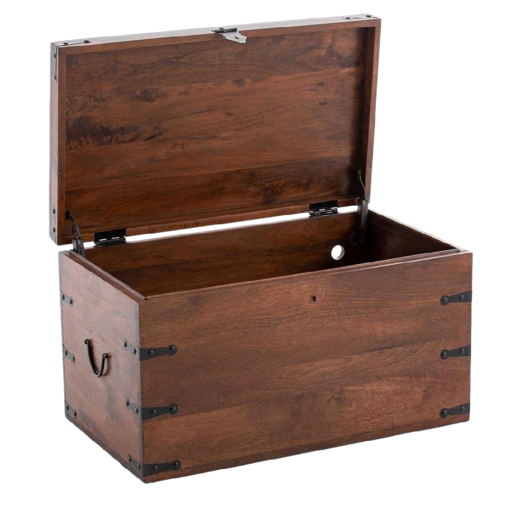 Coffre de rangement vintage en bois massif avec ferrures métalliques — style coffre de voyage