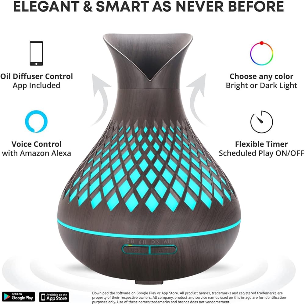 Diffuseur d'arômes Alexa avec ensemble d'huiles essentielles, 500 ml Diffuseur WIFI Compatible avec Alexa/Google Home et App de contrôle, 7 couleurs LED, création de programmes et minuterie, : Hygiène et Santé