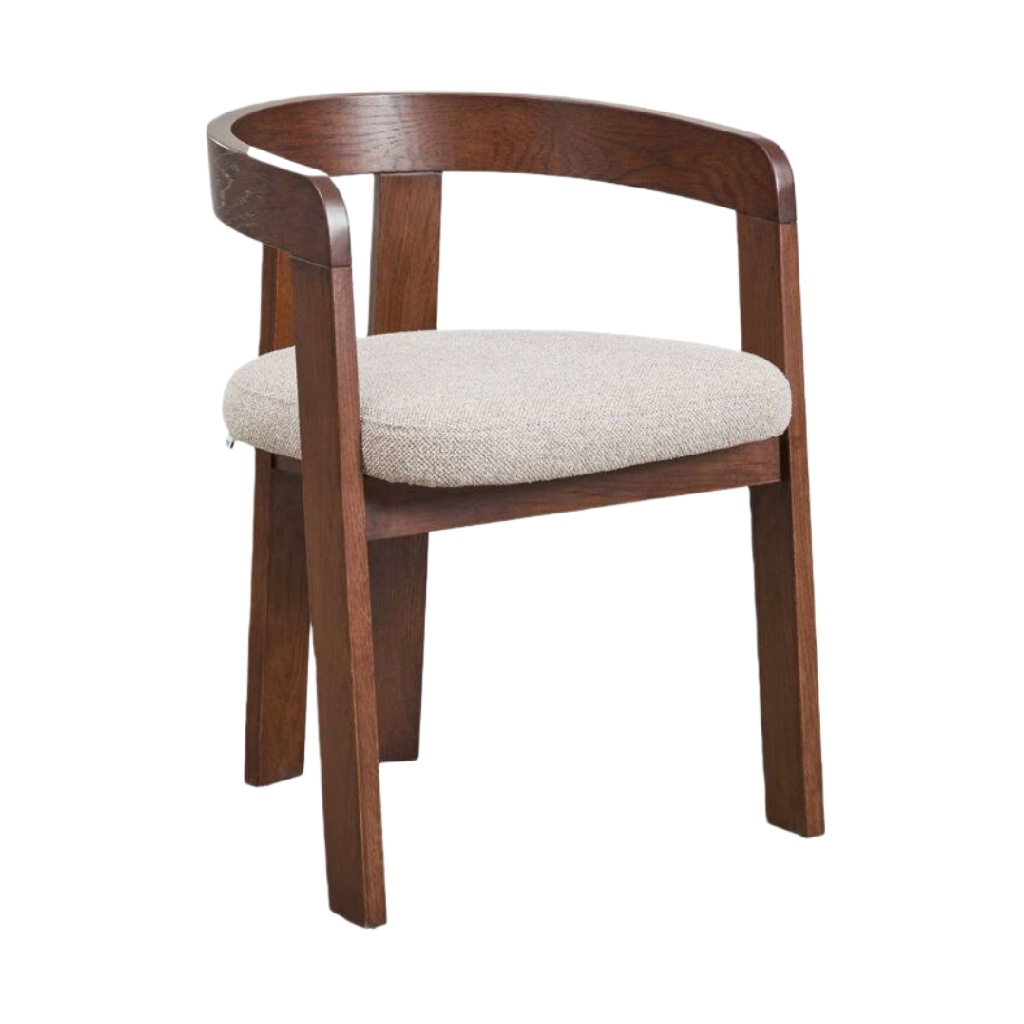 Chaise de salle à manger moderne en bois noyer avec assise en tissu beige – Design ergonomique et élégant