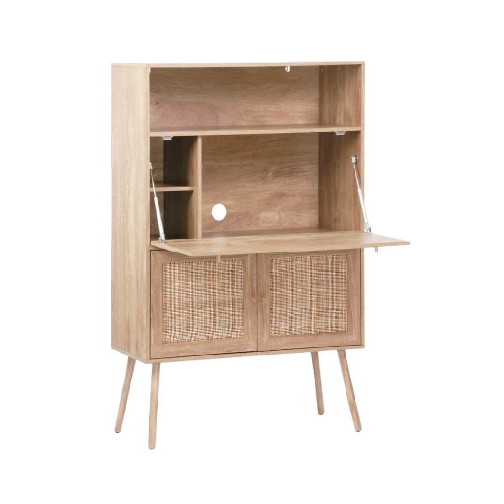 Secrétaire en bois naturel avec porte en rotin et plateau rabattable – design scandinave