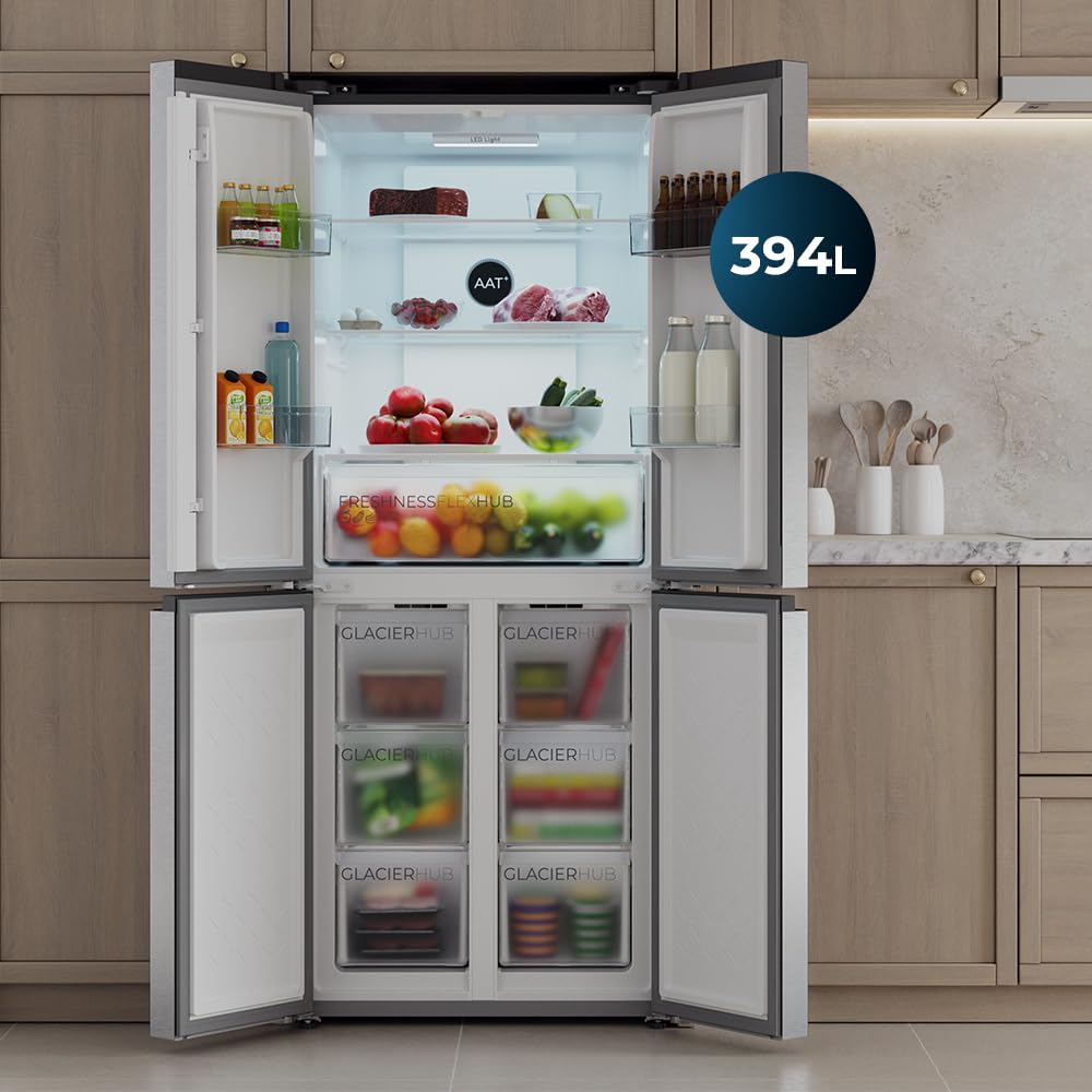 Cecotec Réfrigérateur 4 Portes Total No Frost Bolero CoolMarket 4D 394 Inox E,394 Litres, Hauteur 170 cm et 70 cm Largeur, Tiroir Température Variable